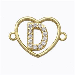 Copper Heart Connector Pave Zirconia Letter-D Gold Plated, approx 15.5mm