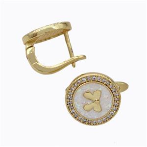 Copper Circle Latchback Earrings Pave Zirconia Fire Opal Bow 18K Gold Plated, approx 12mm