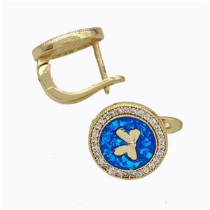 Copper Circle Latchback Earrings Pave Zirconia Blue Fire Opal Bow 18K Gold Plated, approx 12mm