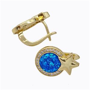Copper Circle Latchback Earrings Pave Zirconia Blue Fire Opal Star 18K Gold Plated, approx 11.5-16mm