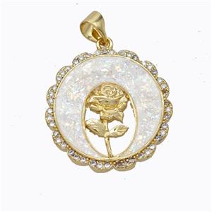 Copper Flower Pendant Micropave Zirconia White Fire Opal Circle 18K Gold Plated, approx 21mm
