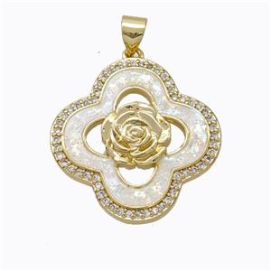 Copper Clover Pendant Micropave Zirconia White Fire Opal Flower 18K Gold Plated, approx 24mm
