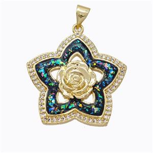 Copper Flower Pendant Micropave Zirconia Multicolor Fire Opal 18K Gold Plated, approx 25mm