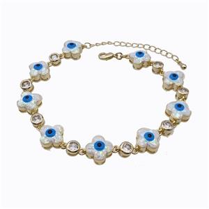 Copper Clover Bracelet Evil Eye Pave White Fire Opal 18K Gold Plated, approx 11mm, 17-22cm length