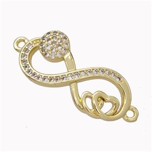Copper Infinity Connector Micropave Zirconia Heart Gold Plated, approx 11-24mm
