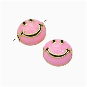 Copper Emoji Beads Pink Enamel Smileface Gold Plated, approx 6-10mm