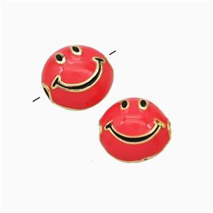 Copper Emoji Beads Red Enamel Smileface Gold Plated, approx 6-10mm