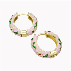 Copper Hoop Earrings Pink Enamel Flower Gold Plated, approx 20mm