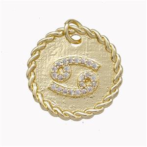 Sign Of Cancer Copper Circle Pendant Pave Zirconia Zodiac Gold Plated, approx 18mm