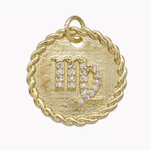 Sign Of Virgo Copper Circle Pendant Pave Zirconia Zodiac Gold Plated, approx 18mm