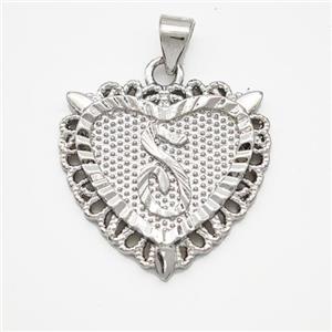 Copper Heart Pendant Letter-S Platinum Plated, approx 22mm
