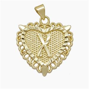 Copper Heart Pendant Letter-X Gold Plated, approx 22mm