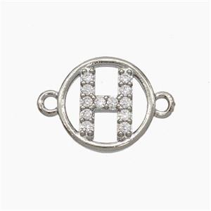 Copper Letter-H Connector Pave Zirconia Circle Platinum Plated, approx 13mm