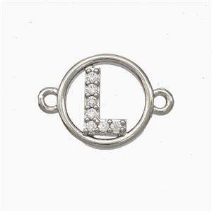 Copper Letter-L Connector Pave Zirconia Circle Platinum Plated, approx 13mm
