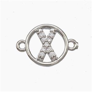Copper Letter-X Connector Pave Zirconia Circle Platinum Plated, approx 13mm