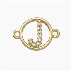 Copper Letter-J Connector Pave Zirconia Circle Gold Plated, approx 13mm