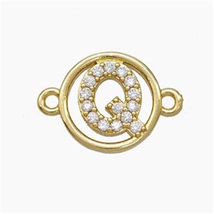 Copper Letter-Q Connector Pave Zirconia Circle Gold Plated, approx 13mm
