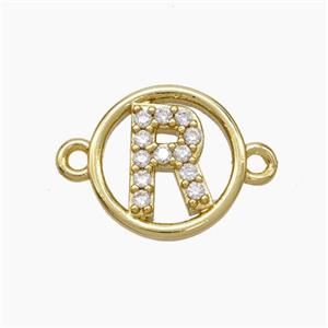 Copper Letter-R Connector Pave Zirconia Circle Gold Plated, approx 13mm