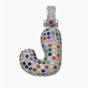 Copper Letter-J Pendant Micropave Zirconia Platinum Plated, approx 15-20mm, 5-8mm