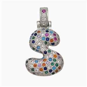 Copper Letter-S Pendant Micropave Zirconia Platinum Plated, approx 15-20mm, 5-8mm