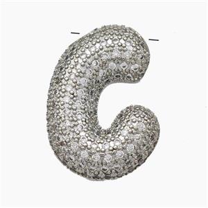 Copper Letter-C Pendant Pave Zirconia Platinum Plated, approx 15-25mm