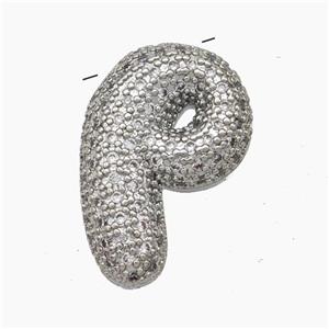 Copper Letter-P Pendant Pave Zirconia Platinum Plated, approx 15-25mm