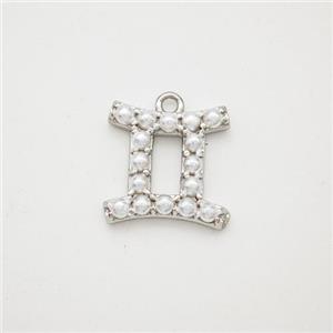Copper Pendant Pave Pearlized Resin Zodiac Gemini Platinum Plated, approx 10-12mm