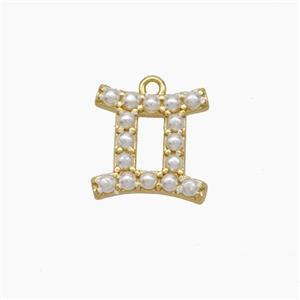 Copper Pendant Pave Pearlized Resin Zodiac Gemini Gold Plated, approx 10-12mm