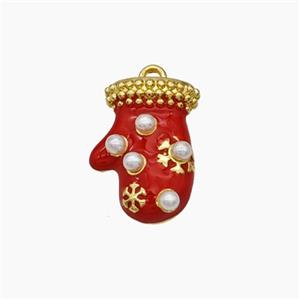 Christmas Mitten Charms Copper Pendant Pave Pearlized Resin Red Enamel Gold Plated, approx 10.5-15mm