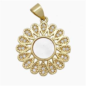 Copper Flower Pendant Micropave Zirconia Shell 18K Gold Plated, approx 18mm
