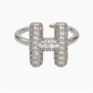 Copper Letter-H Rings Micropave Zirconia Platinum Plated, approx 9-14mm, 18mm dia