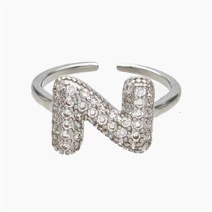 Copper Letter-N Rings Micropave Zirconia Platinum Plated, approx 9-14mm, 18mm dia