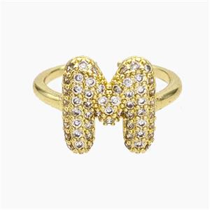 Copper Letter-M Rings Micropave Zirconia Gold Plated, approx 9-14mm, 18mm dia