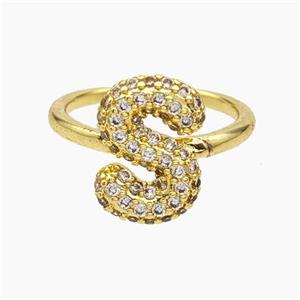 Copper Letter-S Rings Micropave Zirconia Gold Plated, approx 9-14mm, 18mm dia