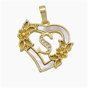 Copper Heart Pendant Pave Shell Zirconia Letter-S Flower 18K Gold Plated, approx 20mm