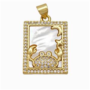 Copper Tarot Card Pendant Pave Shell Zirconia Zodiac Cancer 18K Gold Plated, approx 17-20mm