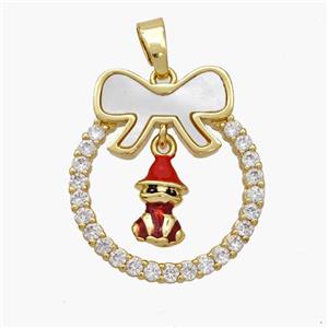Christmas Gingerbread Man Copper Bow Pendant Pave Shell Zirconia Painted 18K Gold Plated, approx 8-10mm, 22-25mm
