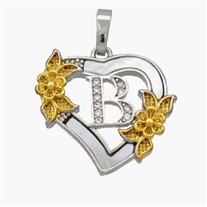 Copper Heart Pendant Pave Shell Zirconia Letter-B Platinum Plated 18K Gold Flower, approx 20mm