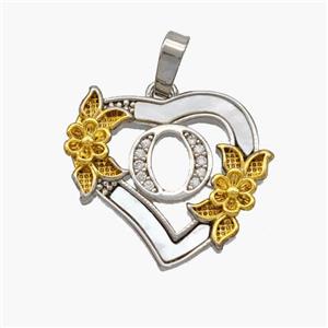 Copper Heart Pendant Pave Shell Zirconia Letter-O Platinum Plated 18K Gold Flower, approx 20mm
