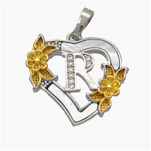 Copper Heart Pendant Pave Shell Zirconia Letter-R Platinum Plated 18K Gold Flower, approx 20mm
