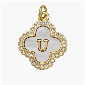 Copper Clover Pendant Pave Shell Zirconia Letter-U 18K Gold Plated, approx 17.5mm