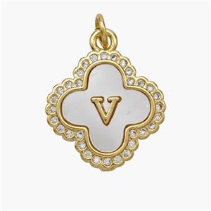 Copper Clover Pendant Pave Shell Zirconia Letter-V 18K Gold Plated, approx 17.5mm