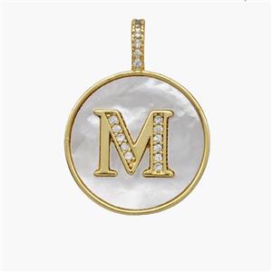 Copper Letter-M Pendant Pave Shell Zirconia Circle 18K Gold Plated, approx 18mm