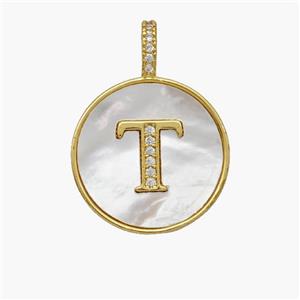 Copper Letter-T Pendant Pave Shell Zirconia Circle 18K Gold Plated, approx 18mm