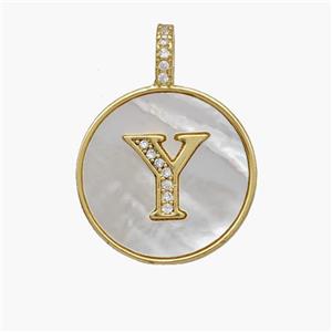 Copper Letter-Y Pendant Pave Shell Zirconia Circle 18K Gold Plated, approx 18mm