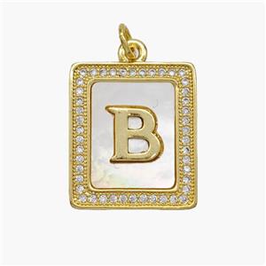 Copper Letter-B Pendant Pave Shell Zirconia Rectangle 18K Gold Plated, approx 17-20mm