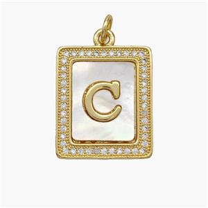 Copper Letter-C Pendant Pave Shell Zirconia Rectangle 18K Gold Plated, approx 17-20mm