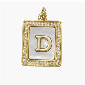 Copper Letter-E Pendant Pave Shell Zirconia Rectangle 18K Gold Plated, approx 17-20mm