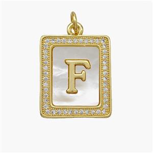 Copper Letter-F Pendant Pave Shell Zirconia Rectangle 18K Gold Plated, approx 17-20mm