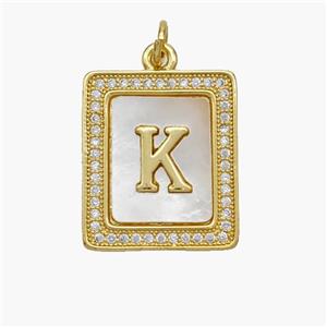 Copper Letter-K Pendant Pave Shell Zirconia Rectangle 18K Gold Plated, approx 17-20mm